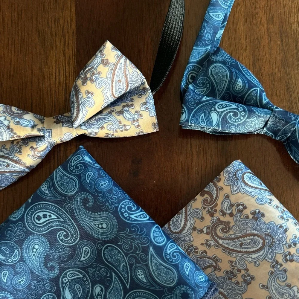 Bundle of Blue and Tan Paisley Boys bow tie and pocket square